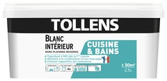 Peinture monocouche murs, plafonds et boiseries cuisine et salle de bains satin blanc 2.5 L - Tollens - Brico Dépôt