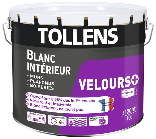 Tollens - Peinture Blanche Velours - Toutes Pièces - Pour Murs, Plafonds et  Boiseries - Opacité Renforcée - Sechage rapide - Lessivable - Fabriqué en