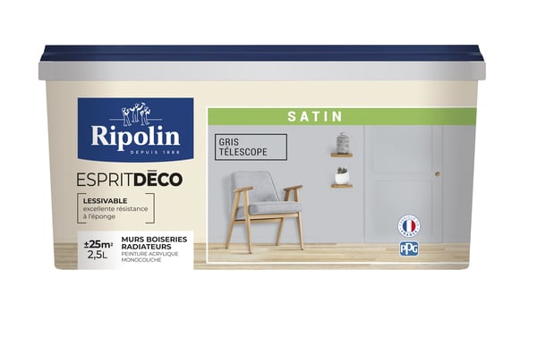 Peinture mur intérieur Satin 2,5 L Gris télescope - Ripolin - Brico Dépôt