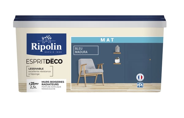 Peinture mur intérieur Mat 2,5 L Bleu madura - Ripolin - Brico Dépôt