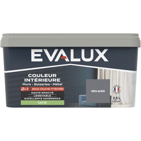 Peinture mur intérieur 2 en 1 Satin 2,5 L Gris acier - Evalux - Brico Dépôt