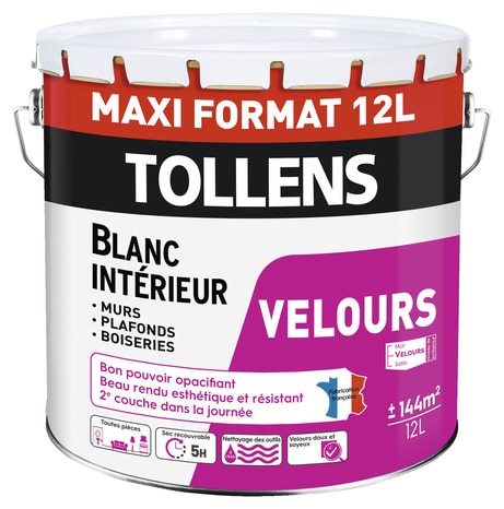 Peinture bicouche murs et plafonds intérieure velours blanc 12 L - Tollens - Brico Dépôt