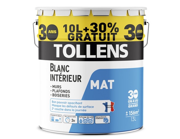 Tollens - Peinture Blanche Mat - Spécial Sejours et Chambres - Pour Murs,  Plafonds, Boiseries - 10L = 120m2 : : Bricolage