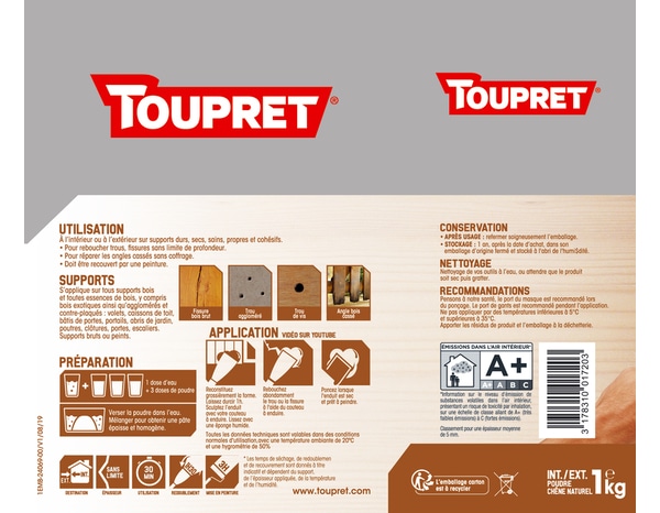 Enduit de rebouchage en poudre "Répar'Bois" - Boîte 1 Kg - Toupret - Brico Dépôt