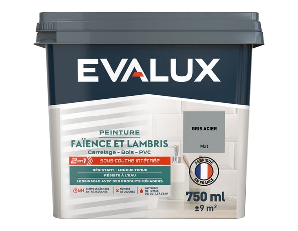 Peinture faïence et lambris Mat 0,75 L Gris Acier - Evalux - Brico Dépôt