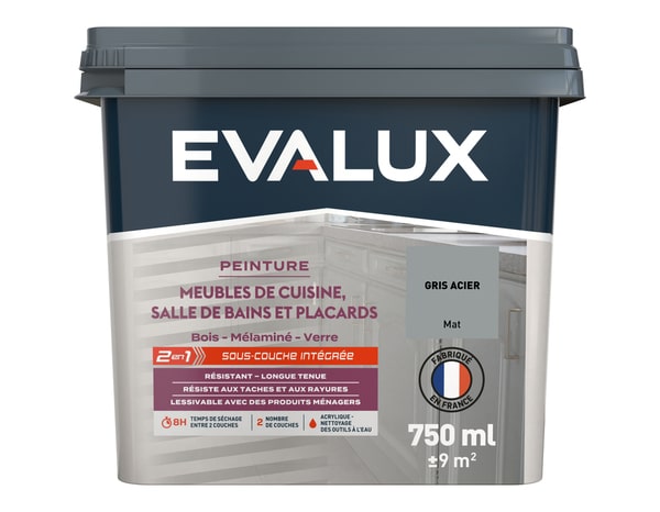 Peinture meuble de cuisine et salle de bains 0,75 L Mat Gris Acier - Evalux - Brico Dépôt