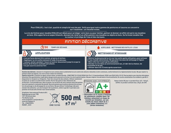 Cire de finition meuble vois Mat 0,5 L Blanc Pur - Evalux - Brico Dépôt