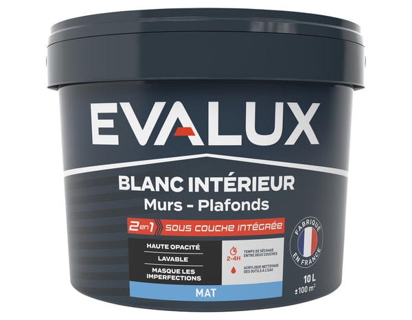 Peinture Blanche intérieure 2en1 sous couche intégrée Mat 10 L - Evalux - Brico Dépôt