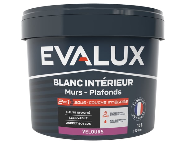 Peinture Blanche intérieure 2en1 sous couche intégrée Velours 10 L - Evalux - Brico Dépôt