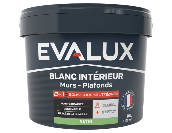 Peinture Blanche intérieure 2en1 sous couche intégrée Satin 10 L - Evalux - Brico Dépôt