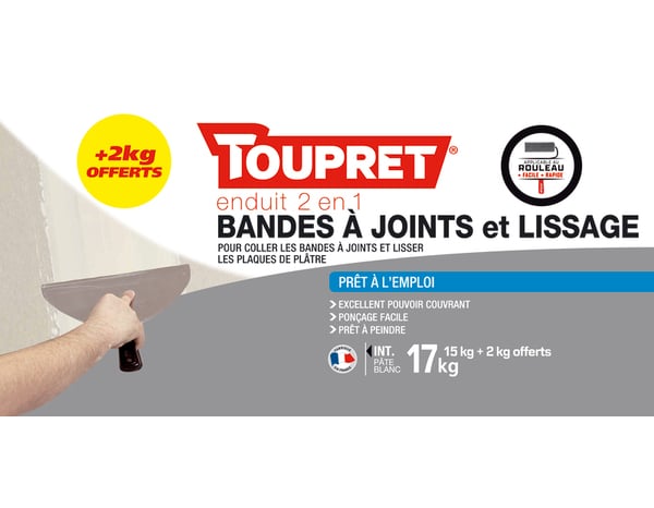 Enduit 2 en 1 bandes à joints et lissage - pot 15 kg - Toupret - Brico Dépôt