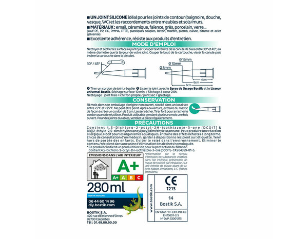 Mastic silicone pour joint sanitaire, traité anti-moisissures  blanc - 280ML - Bostik - Brico Dépôt