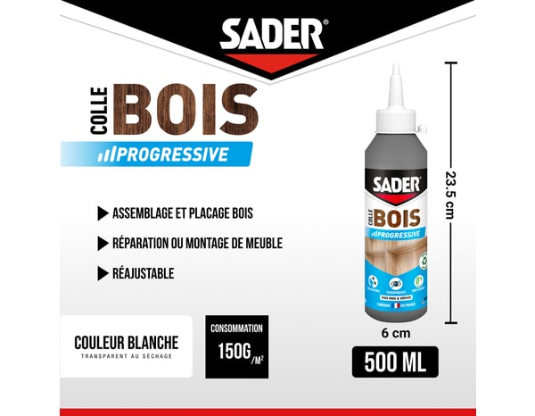 Colle bois prise progressive 500 ml - Sader - Brico Dépôt