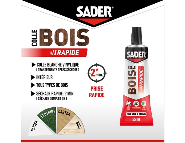 Colle bois à prise rapide - Tube de 55ml - Sader - Brico Dépôt