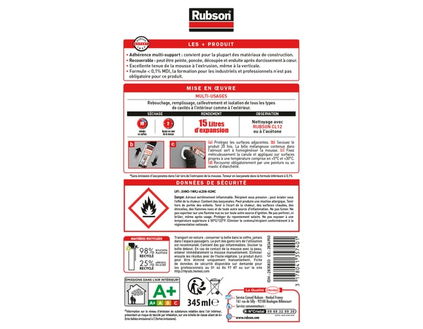 Mousse expansive aérosol multi-usages 345 ml - Rubson - Brico Dépôt