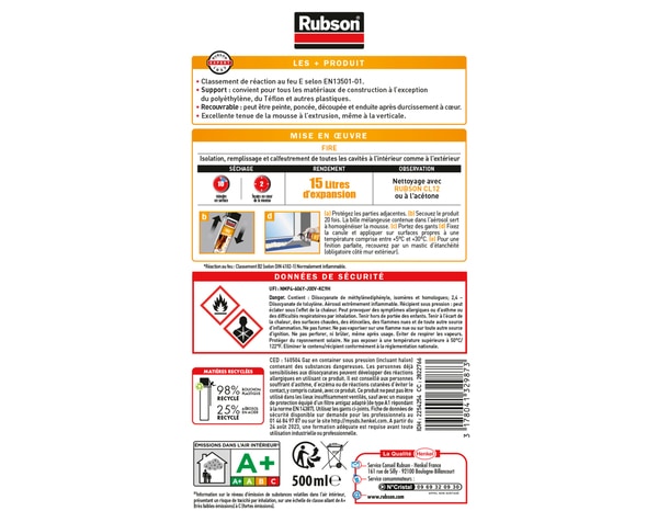 Mousse expansive Fire-B2, isolant thermique multi-supports blanc, aérosol 500 ml - Rubson - Brico Dépôt