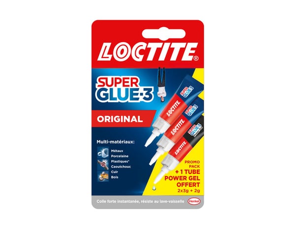 Lot de 2 colles cyanoacrylates superglue-3 liquide universal tube 3 g + 1 power gel 2 g gratuit - Loctite - Brico Dépôt