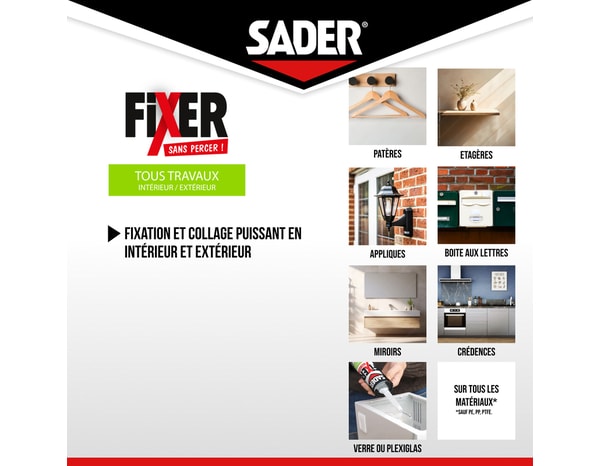 Colle fixer sans percer tous travaux intérieur/extérieur transparent - cartouche 300 g - Sader - Brico Dépôt