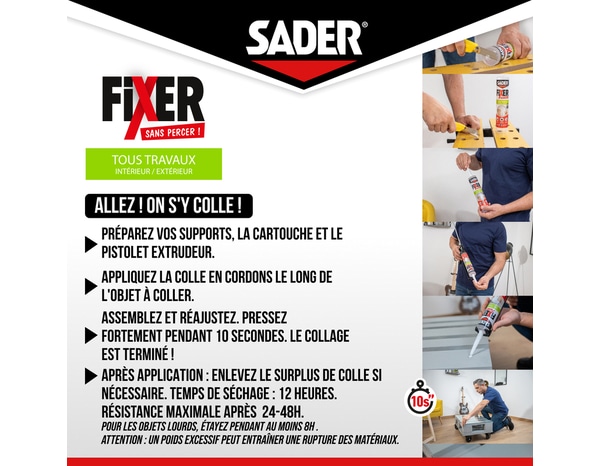 Colle fixer sans percer tous travaux intérieur/extérieur transparent - cartouche 300 g - Sader - Brico Dépôt