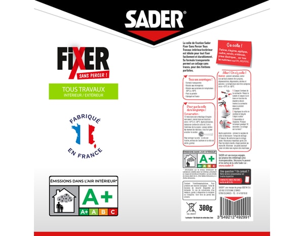 Colle fixer sans percer tous travaux intérieur/extérieur transparent - cartouche 300 g - Sader - Brico Dépôt